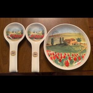Ceramisia Tuscan Poppy Spoon Rests and Matching Plate - Made in Italy